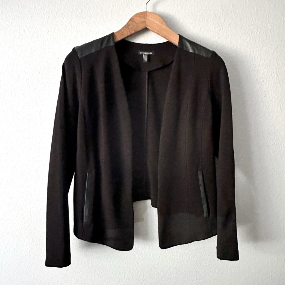 Eileen Fisher Leather & Ponte‎ Knit Open Front Black Blazer Women’s Size Medium